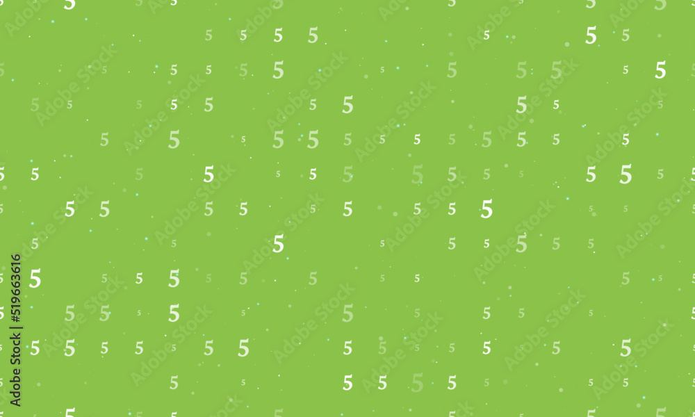Seamless background pattern of evenly spaced white number five symbols of different sizes and opacity. Vector illustration on light green background with stars