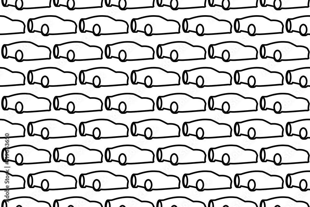 Seamless pattern completely filled with outlines of sport car symbols. Elements are evenly spaced. Vector illustration on white background