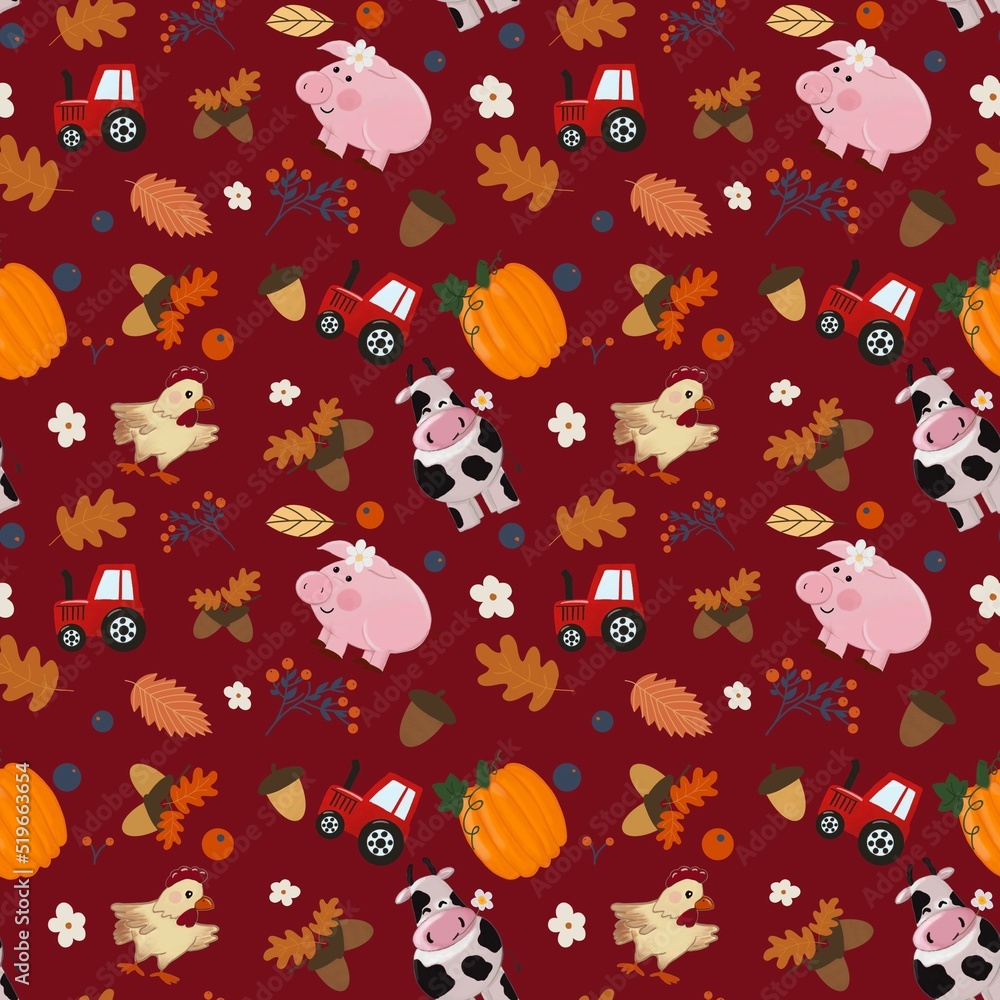 Fun farm animals and tractors autumn seamless pattern Fun farm animals and tractors autumn seamless pattern