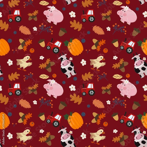 Fun farm animals and tractors autumn seamless pattern