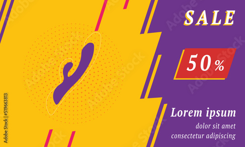 Sale promotion banner with place for your text. On the left is the sex toy symbol. Promotional text with discount percentage on the right side. Vector illustration on yellow background