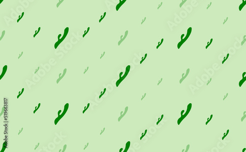 Seamless pattern of large and small green sex toy symbols. The elements are arranged in a wavy. Vector illustration on light green background
