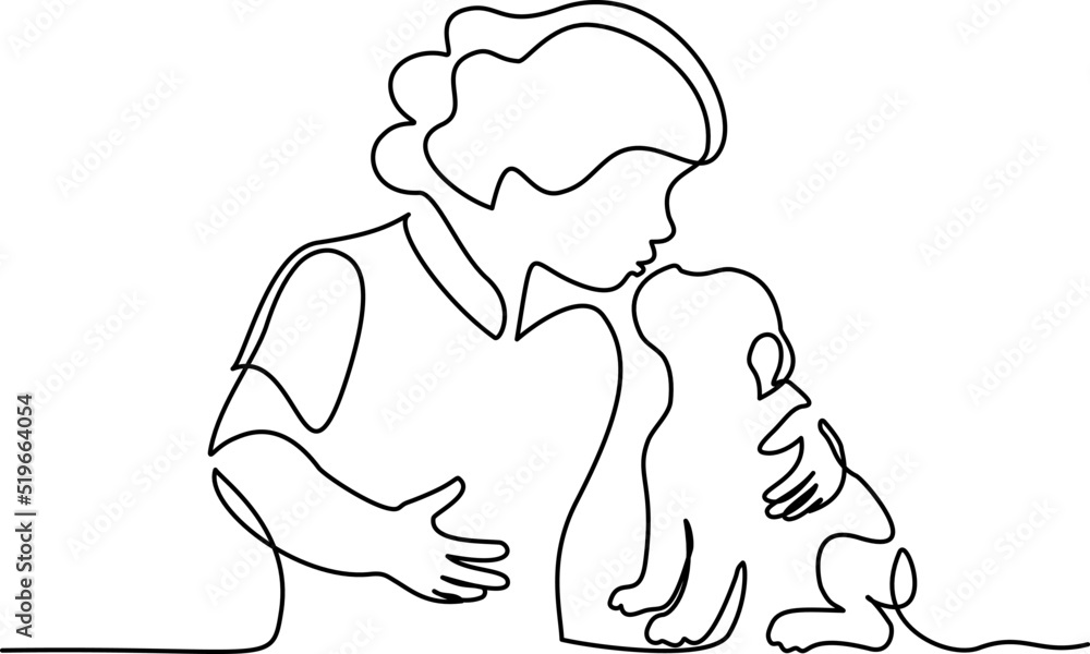 Happy little girl kissing dog pet puppy. Continuous one line drawing ...