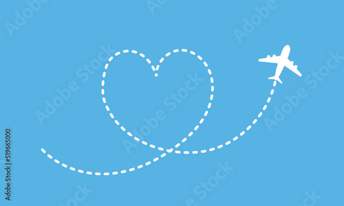 irplane route dashed line path with heart shape vector icon. Love travel concept. Honeymoon tour
