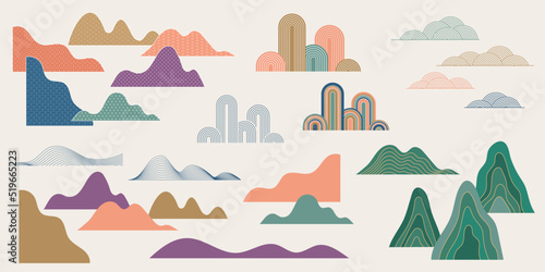 Collection of hand drawn clouds and mountains. Chinese and Japanese vector illustrations. Oriental decorations and elements photo