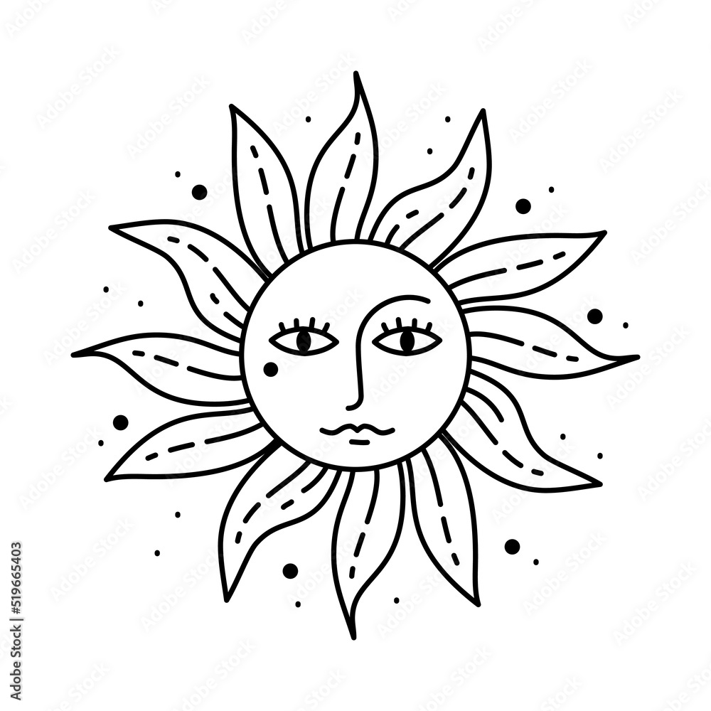 Fototapeta premium Magic boho sun symbol. Gypsy sacred element and sign in modern boho style. Golden minimal line art.
