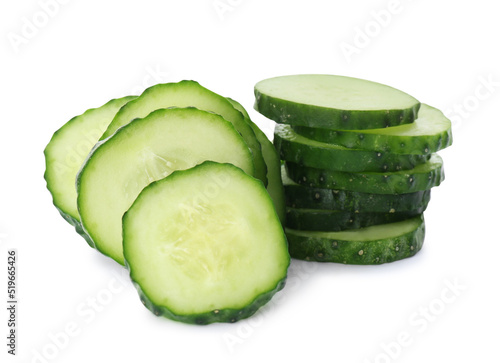 Slices of fresh ripe cucumber isolated on white