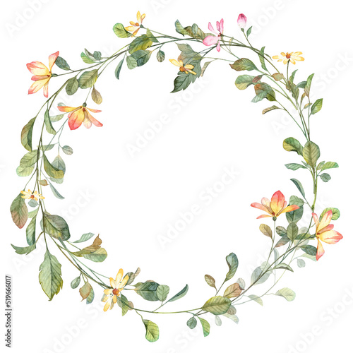 Circle floral frame template for designing greeting cards and wedding invitations. Watercolor hand painted realistic botany. Template with copy space