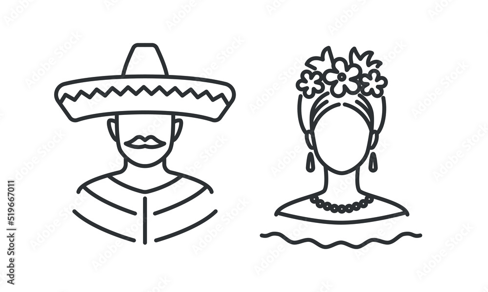 Mexican couple Line Icon set . Latino woman and man avatar. South America culture people. Mexico character person. Vector illustration Mexican couple Line Icon set . Latino woman and man avatar. South America culture people. Mexico character person. Vector illustration