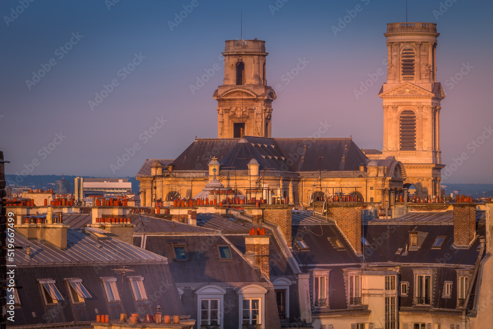 Saint Sulpice and quarter latin roofs at golden sunrise Paris, France