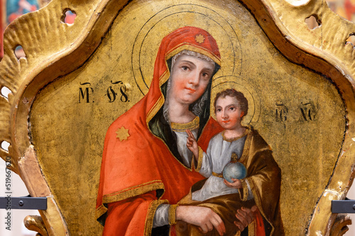 Icon of the Mother of God with Infant Jesus painted around 1780-1790. Part of an iconostasis on display in the Zemplín Museum in Michalovce, Slovakia. 2021/06/13.  photo