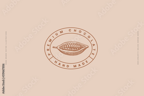 Emblem with open cocoa bean in engraving style. Logo template for chocolate shop or cafe. Concept of organic products. Vector vintage illustration on light isolated background.