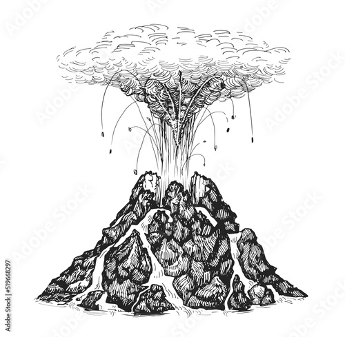 Active volcano spewing lava. Volcanic eruption and magma. Hand drawn sketch illustration in vintage engraving style