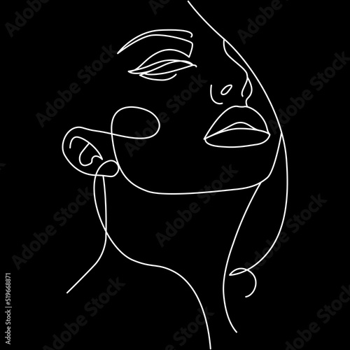 Minimalist illustration of sexy woman face. Black and white. Black background. One line drawing.