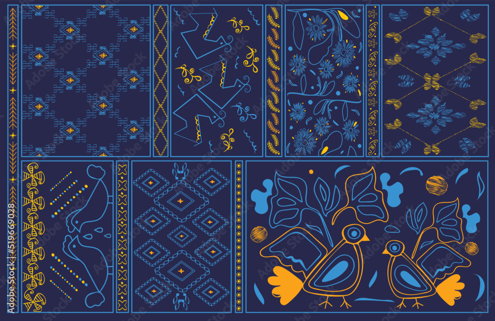 Dark blue background with Ukrainian ethnic prints. Modern ethnic floral ornamental pattern. Hand drawn abstract organic shapes print.  - obrazy, fototapety, plakaty 