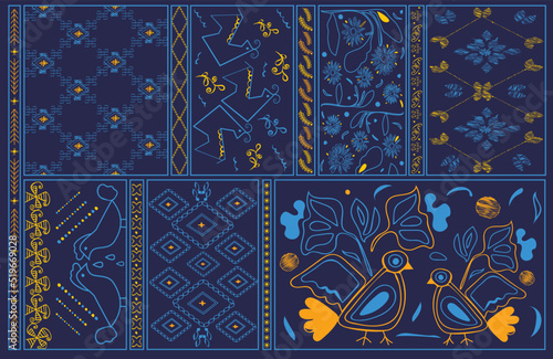 Dark blue background with Ukrainian ethnic prints. Modern ethnic floral ornamental pattern. Hand drawn abstract organic shapes print. 