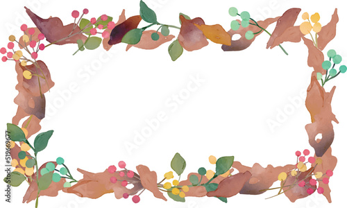 水彩画。水彩タッチの秋のベクター植物フレーム。秋の木の実と葉っぱの装飾枠。Watercolor painting. Autumn plant frame with watercolor touch. Decorative frame with autumn berries and leaves.