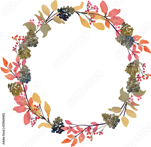 水彩画。水彩タッチの秋の植物と松ぼっくりのベクターフレーム。秋の木の実と葉っぱの装飾枠。Watercolor painting. Frame of autumn plants and pine cones with watercolor touch. Decorative frame with autumn berries and leaves.