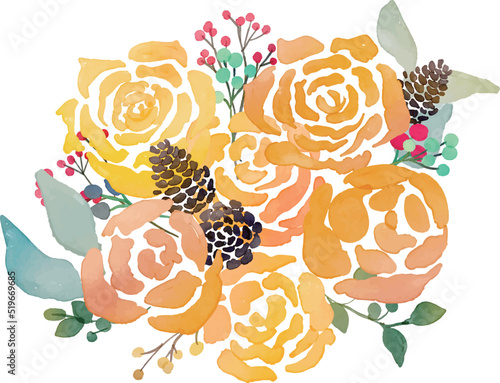 水彩画。水彩タッチの秋の植物と薔薇のベクターフレーム。秋の薔薇と植物の装飾枠。Watercolor. Vector frame of autumn plants and roses with watercolor touch. Decorative frame of autumn roses and plants.