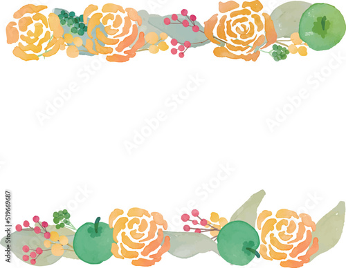水彩画。水彩タッチの秋の植物と薔薇のベクターフレーム。秋の薔薇と植物の装飾枠。Watercolor. Vector frame of autumn plants and roses with watercolor touch. Decorative frame of autumn roses and plants.