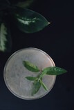 high angle view of gimlet cocktail with lemon verbena garnish