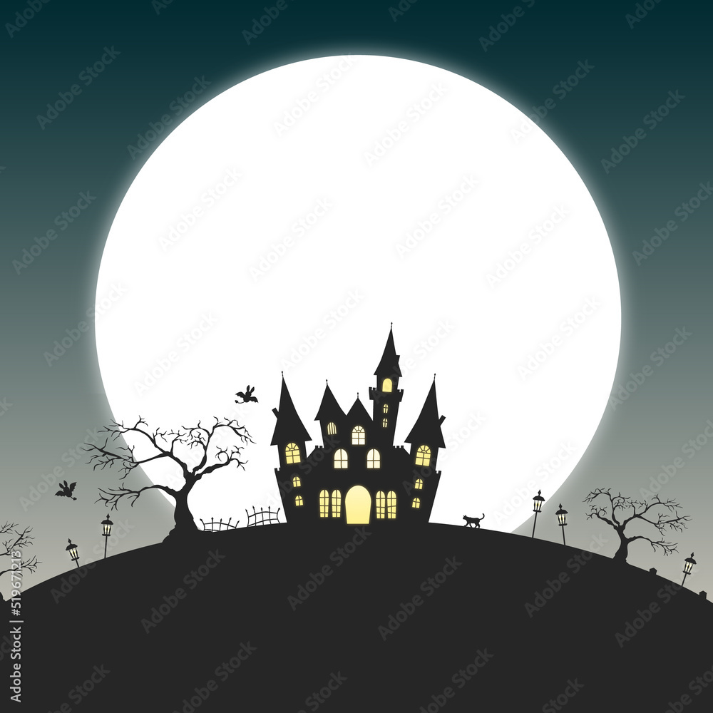  月とお屋敷のハロウィンな背景 / 夜 正方形