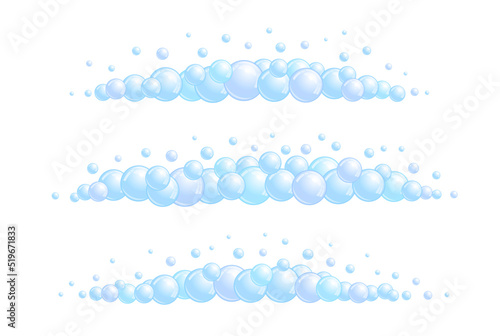 Soap bubble divider set. Horizontal foam decoration element. Blue suds cloud border collection. Vector