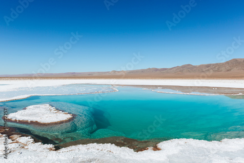 Amazing blue lagoon with salt in the desert, unique scenario photo