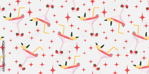 Seamless pattern with cocktail glasses with lemon and strawberries. Cute background with pink cocktail. 