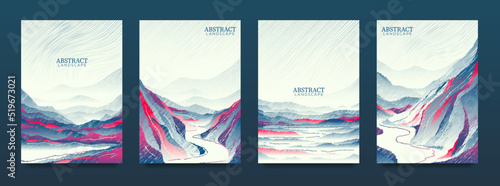 A set of abstract, hand-drawn landscapes with blots. For covers, flyers, banners, etc.