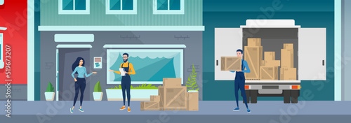 Cartoon delivery of goods by truck to the house. Movers transfer boxes to a private store
