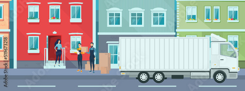 Cartoon delivery of goods by truck to the house. Movers pass boxes.