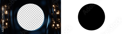 Background with clipping path and alpha channel of a round window seen from inside a spaceship or sci-fi environment location with cables and light panels. 3D Rendering