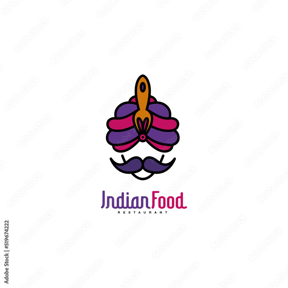 Indian Food restaurant colorful logo design with turban, fork and