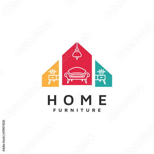Home furniture logo design with lamp, drawer shelf, flower and chair concept
