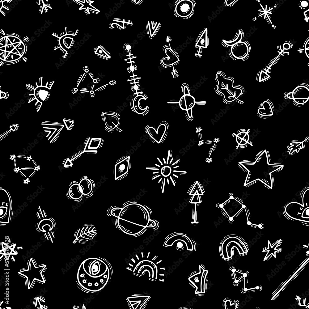 Seamless pattern with hand drawn boho elements. Magic. Ethnic style. Tattoo. Tribal background Seamless pattern with hand drawn boho elements. Magic. Ethnic style. Tattoo. Tribal background