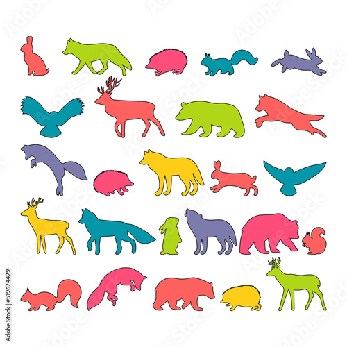 Hand drawn silhouettes. Forest animals. Outline wild woodland animals. Bear, deer, wolf, fox, owl, hedgehog, squirrel, hare