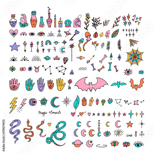 Mystical hand drawn elements. Halloween. Doodle style. Magic, witchcraft, esoteric icons set