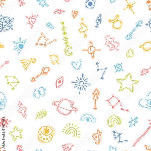 Seamless pattern with hand drawn magic witch elements. Ethnic style. Tribal background. Tattoo