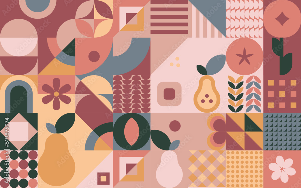 Obraz premium Geometryczna kompozycja - kolorowa jesienna mozaika z jabłkiem, gruszką i kwiatami. Powtarzający się wzór w stylu bauhaus do zastosowania jako tło do projektów.