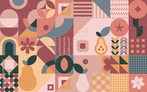 Geometryczna kompozycja - kolorowa jesienna mozaika z jabłkiem, gruszką i kwiatami. Powtarzający się wzór w stylu bauhaus do zastosowania jako tło do projektów.
