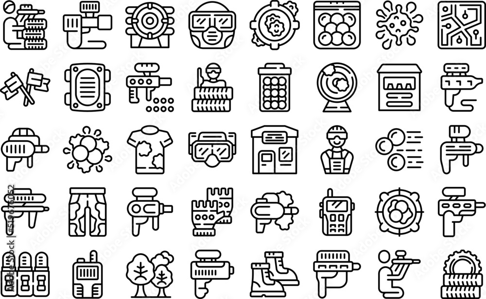 Paintball icons set outline vector. Action player. Extreme shooting Paintball icons set outline vector. Action player. Extreme shooting