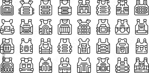 Bulletproof vest icons set outline vector. Armor body. Vest military