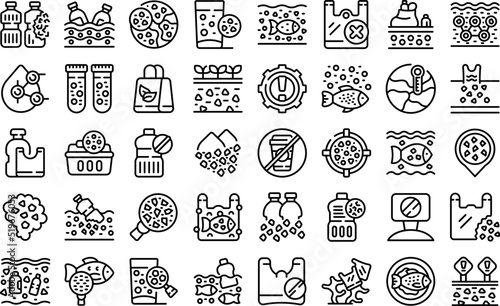 Microplastics pollution icons set outline vector. Fish environment. Ocean plastic