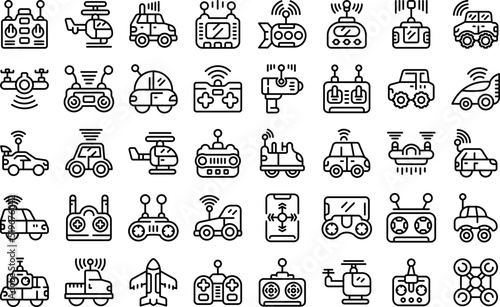 Radio control toys icons set outline vector. Rc helicopter. Toy control