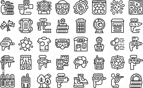 Paintball icons set outline vector. Action player. Extreme shooting