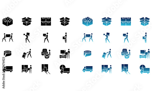 Set of moving service related vector icons. Vector illustration of cargo vehicles, boxes and more with editable color glyphs and gradients
