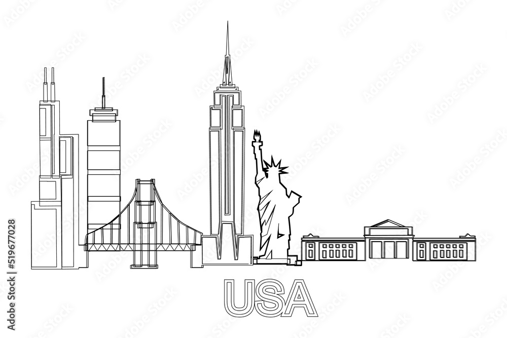 skyline of the Cities of the United States of America. USA landscape tourism travel vacation poster print concept. Black and whiter vector illustration.