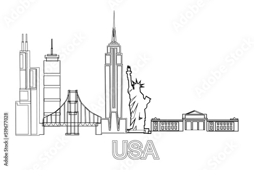 skyline of the Cities of the United States of America. USA landscape tourism travel vacation poster print concept. Black and whiter vector illustration. #519677028
