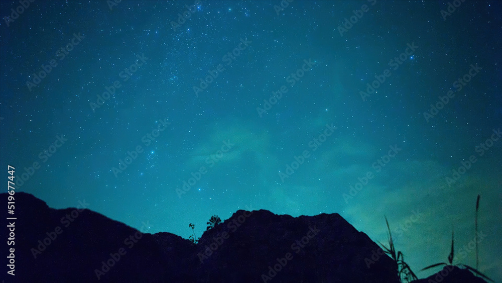 Timelapse - Rivers, mountain stars, zodiacal light and the Milky Way on a beautiful blue night in New Day. Video. Stone lake with night sky, time lapse. Stone river With starry milky way galaxy